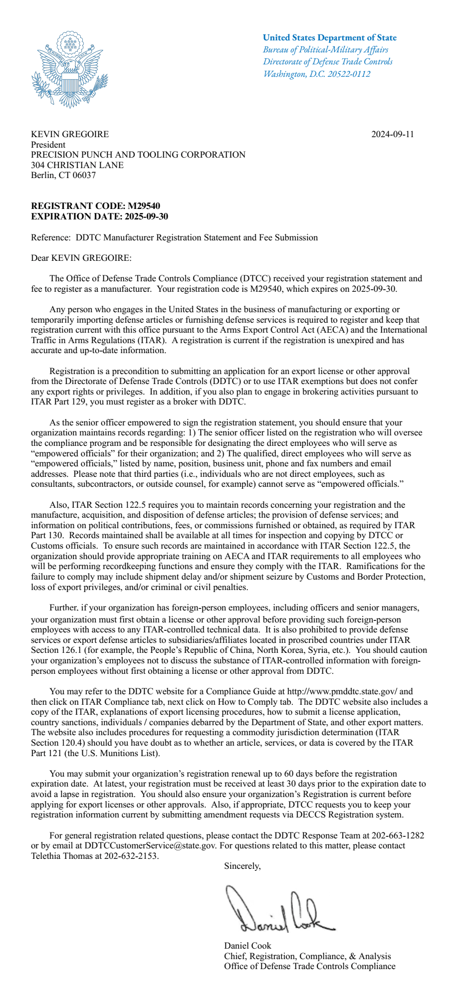 ITAR Registration Letter M29540 2025 poster ITAR Registration Letter M29540 2025 poster